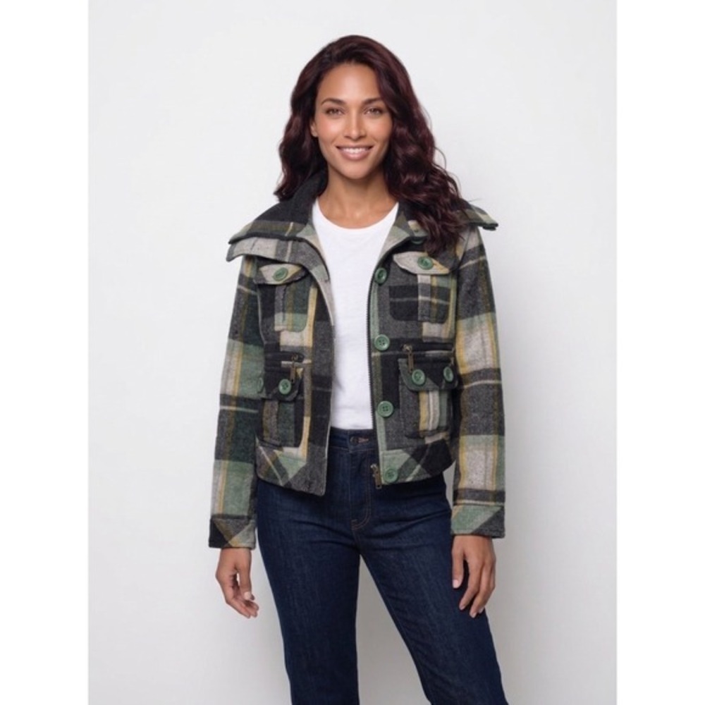 rue21 Plaid Utility Jacket Women S Green Wool Blend Button Front Zip Pocket